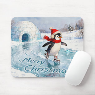 Tapis De Souris Joyeux Noël Pingouin Patinage sur Glace