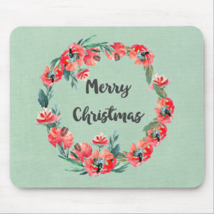 Tapis De Souris Joyeux Noël Rouge Floral Aquarelle Wreath