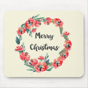 Tapis De Souris Joyeux Noël Rouge Floral Aquarelle Wreath