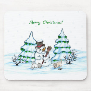 Tapis De Souris Joyeux Noël ! Snowman avec chat et chiot