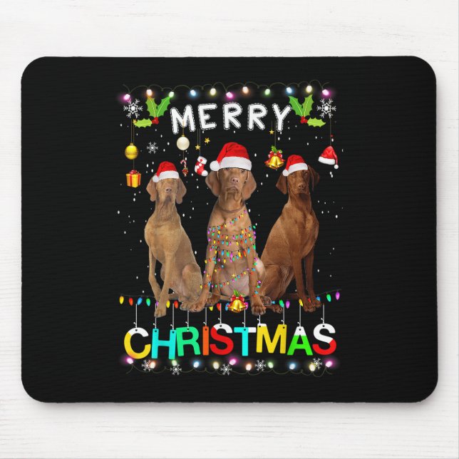Tapis De Souris Joyeux Noël Vizsla Chemise Santa Hat Lights Noël (Devant)
