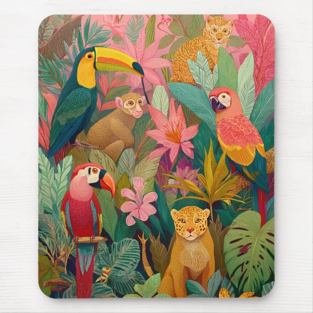 Tapis de souris Jungle – Léopard, Perroquet, Touca (Devant)