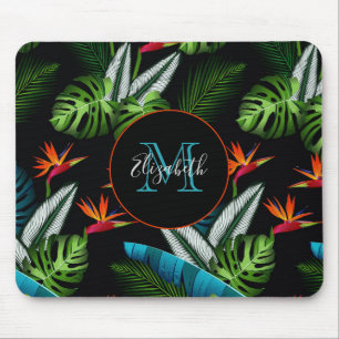 Tapis De Souris Jungle vert feuillage feuille noir safari monogram