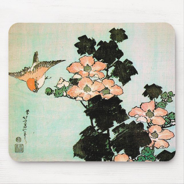 Tapis De Souris Katsushika Hokusai (葛飾北斎) - ketmie et moineau (Devant)