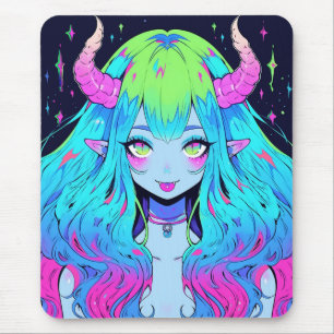 Tapis De Souris Kawaii Bleu, rose et vert Anime fille démon