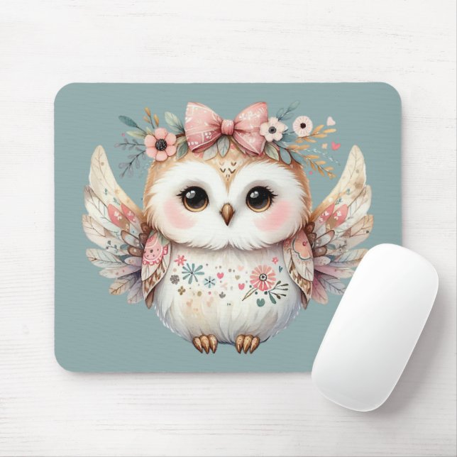 Tapis De Souris Kawaii Boho Owl Illustration bleu (Avec souris)