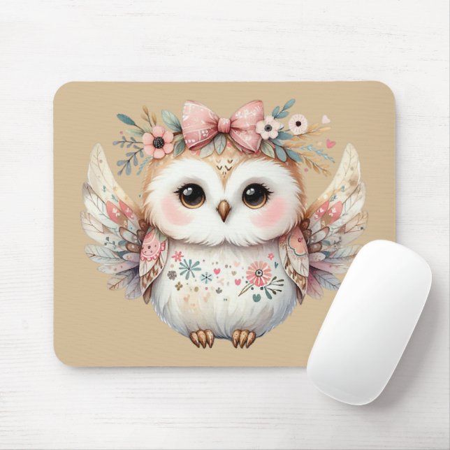 Tapis De Souris Kawaii Boho Owl Illustration Taupe (Avec souris)