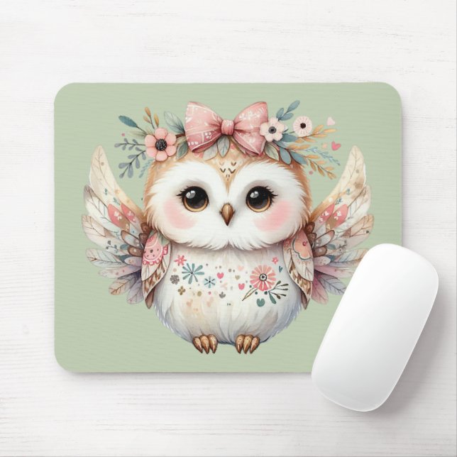 Tapis De Souris Kawaii Boho Owl Illustration Vert (Avec souris)