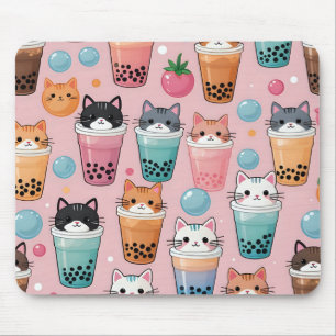 Tapis De Souris Kawaii Bubble Tea Cats Motif sans couture