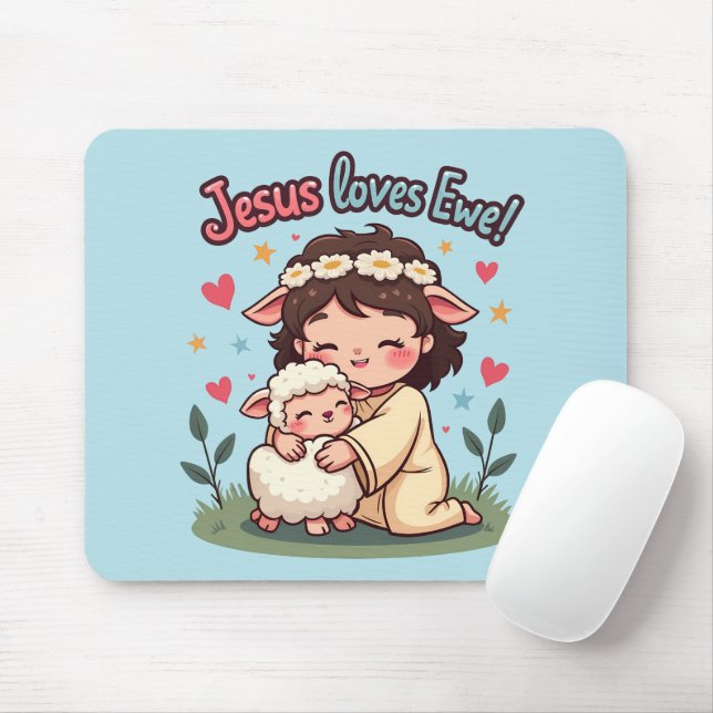 Tapis De Souris Kawaii Christian "Jesus aime Ewe" Pastel Design (Avec souris)