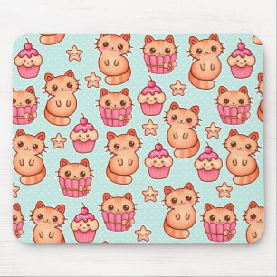 Tapis De Souris Kawaii Cute Cats Cupcakes Motif rose et bleu