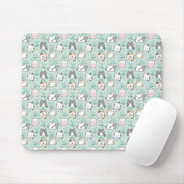 Tapis De Souris Kawaii Cute Cats & Flower Motif Arrière - plan ver (Avec souris)