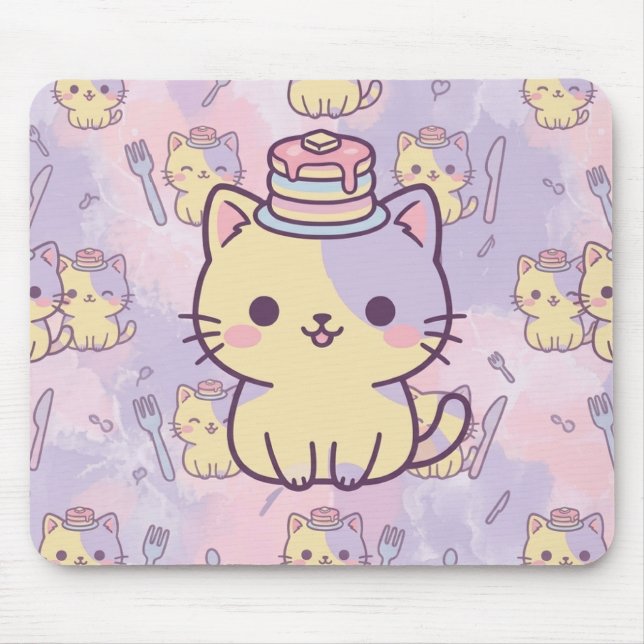 Tapis De Souris Kawaii Pastel Cat with Pancakes Pattern Mouse Pad (Devant)