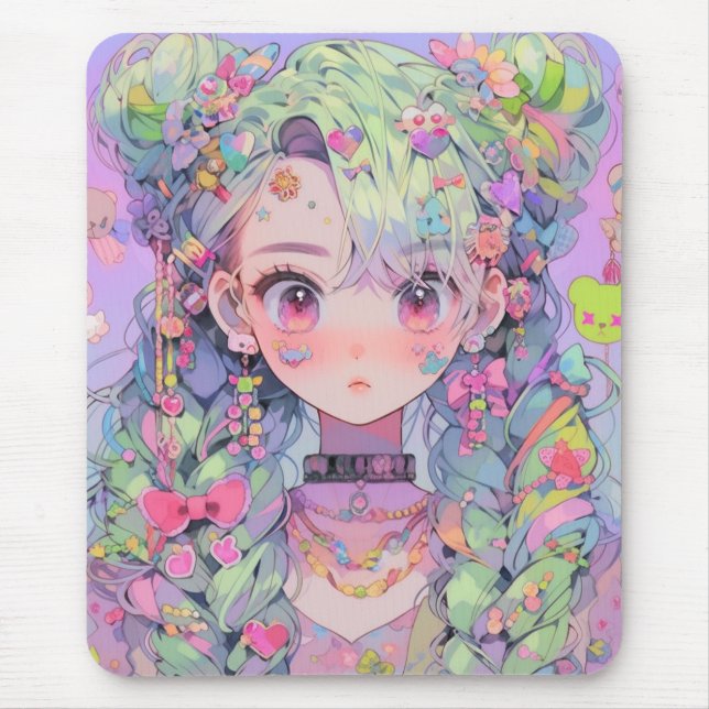 Tapis De Souris Kawaii Pastel Harajuku Anime Girl avec tresses (Devant)