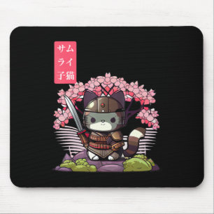Tapis De Souris Kawaii Samurai Kitten avec fleurs de cerisier japo
