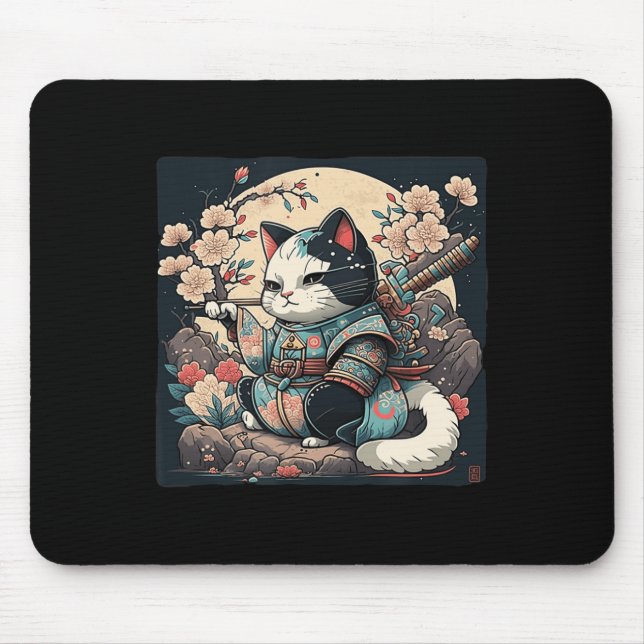Tapis De Souris Kawaii Style japonais Samurai Chat Kitten Anime (Devant)