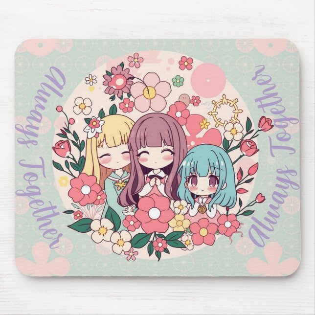 Tapis De Souris Kawaii Trio - Mignonnes Filles Anime & Vibes Flora (Devant)