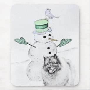 Tapis De Souris Keeshond Noël Snowman Peinture Chien Art