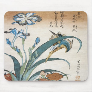 Tapis De Souris Kingfisher avec Irises, Hokusai, 1834 Mousepad