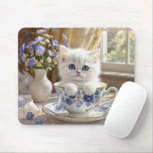 Tapis De Souris Kitten blanc dans une Tea up
