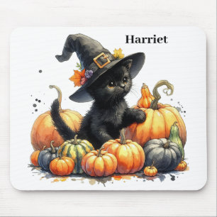 Tapis De Souris Kitten d'Halloween noir avec Citrouilles et Casque