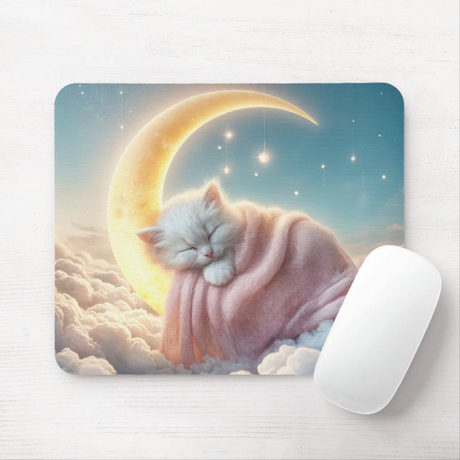 Tapis De Souris Kitten dormant sur une lune de croissant (Avec souris)