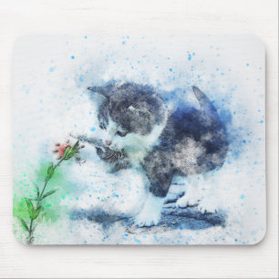 Tapis De Souris Kitten Jouer avec Flower ABSTRAIT Aquarelle