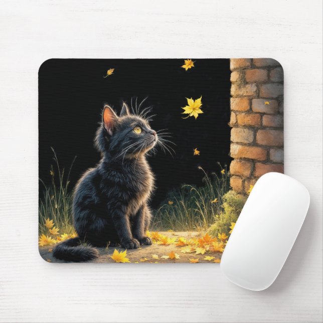 Tapis De Souris Kitten regarde une feuille d'automne en chute (Avec souris)