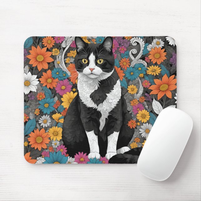Tapis De Souris Kitty au milieu des fleurs (Avec souris)