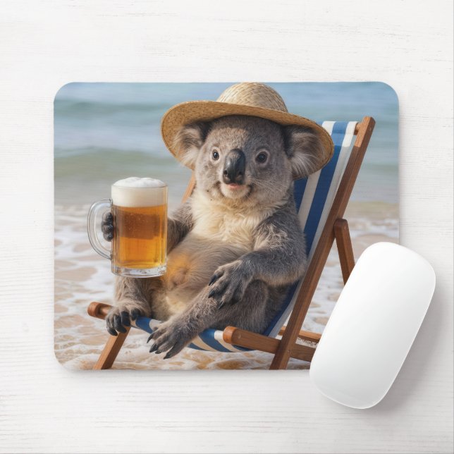 Tapis De Souris Koala avec une bière sur la plage (Avec souris)