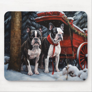 Tapis De Souris L Terrier de Boston enneigé Traîneau Décor de Noël