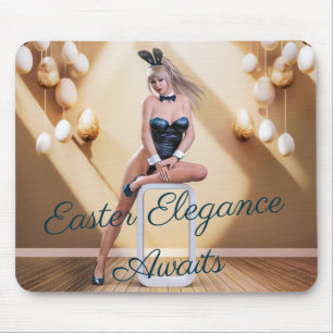 Tapis De Souris La fille lapin de Pâques assise sur un cube rond
