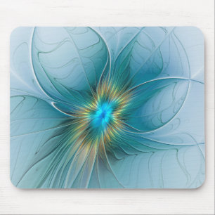 Tapis De Souris La petite fleur fractale moderne bleu or Beauty