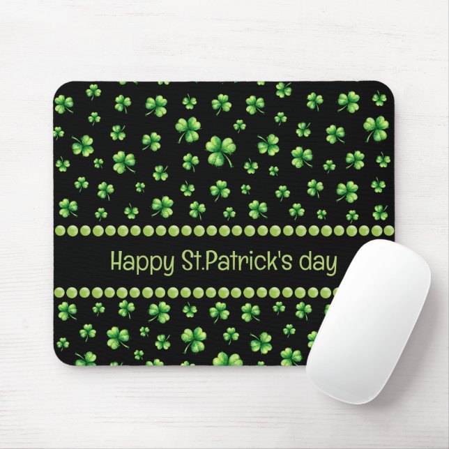 Tapis De Souris La Saint-Patrick aquarelle trèfle sur fond noir  (Avec souris)