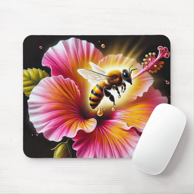 Tapis De Souris L'abeille de miel pollinise un Hibiscus lumineux e (Avec souris)