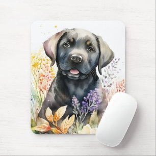 Tapis De Souris Labrador Retriever noir aquarelle et fleurs