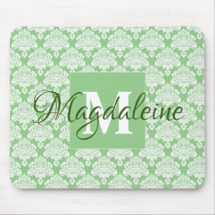 Tapis De Souris Lacy Damask Feminine Green & White Monogramme & No