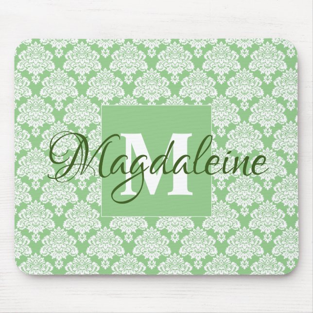 Tapis De Souris Lacy Damask Feminine Green & White Monogramme & No (Devant)