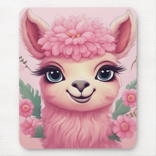 Tapis De Souris Lama bébé rose souriant (Devant)
