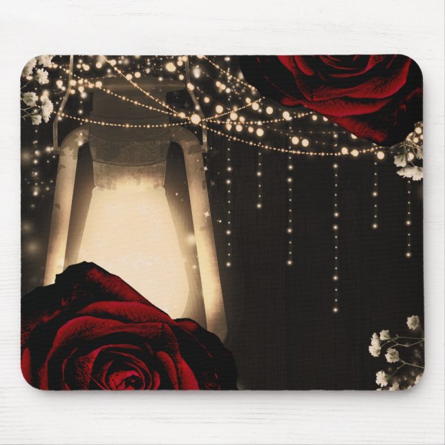 Tapis De Souris Lanterne rustique Lumière & Roses Rouges Foncé Gla (Devant)