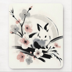 Tapis De Souris Lapin à l'encre minimaliste Zen Cerisier en Fleur