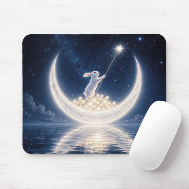 Tapis De Souris Lapin Blanc Collectant des Étoiles (Avec souris)
