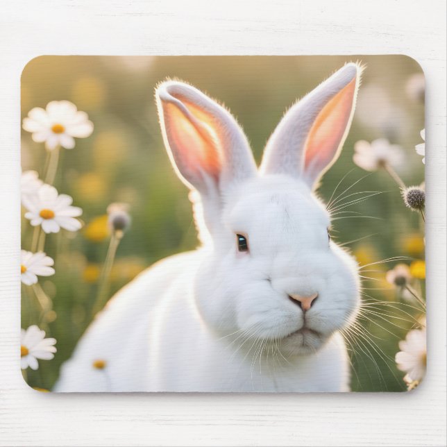 Tapis De Souris Lapin Blanc Dans Les Marguerites (Devant)