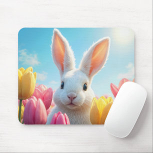 Tapis De Souris Lapin blanc dans un jardin de tulipes