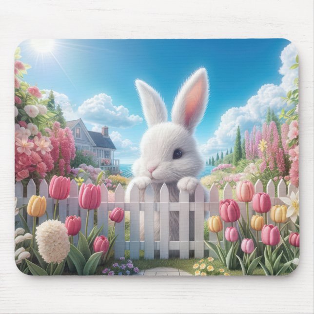 Tapis De Souris Lapin Blanc Dans Un Jardin Printanier (Devant)