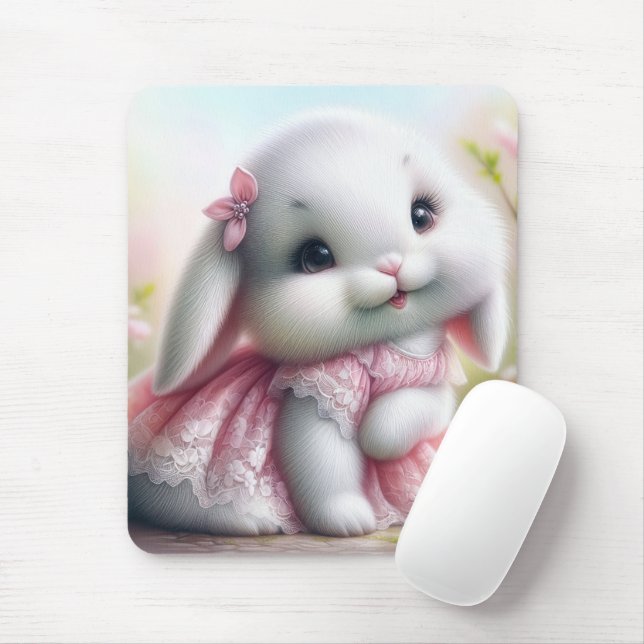 Tapis De Souris Lapin Blanc Portant une robe de dentelle rose (Avec souris)