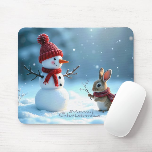 Tapis De Souris Lapin de Noël avec un bonhomme de neige (Avec souris)