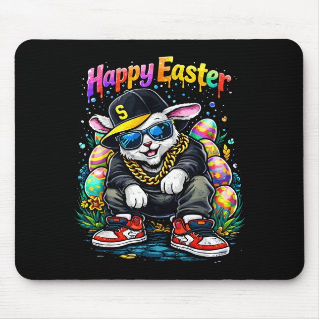 Tapis De Souris Lapin de Pâques drôle et heureux pour hommes et fe (Devant)