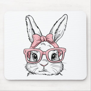 Tapis De Souris Lapin de Pâques heureux avec lunettes et nœud papi