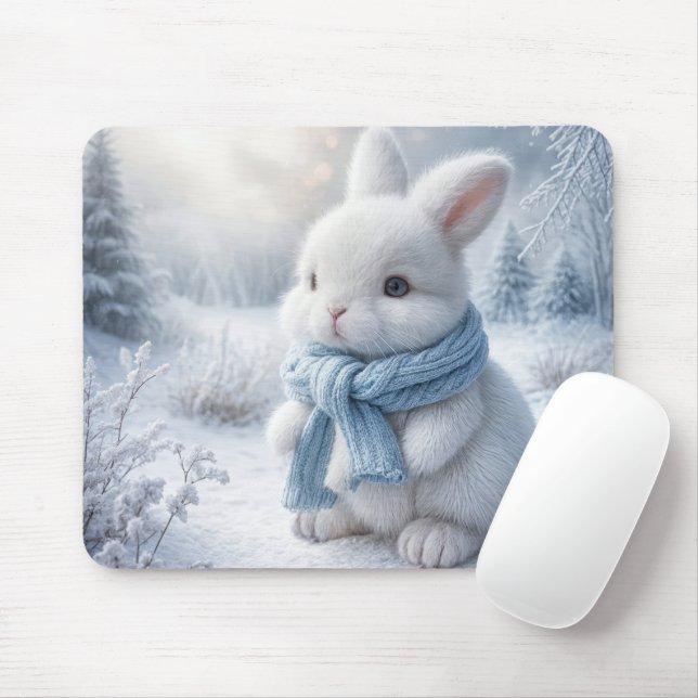 Tapis De Souris Lapin D'Hiver Blanc Avec Écharpe (Avec souris)